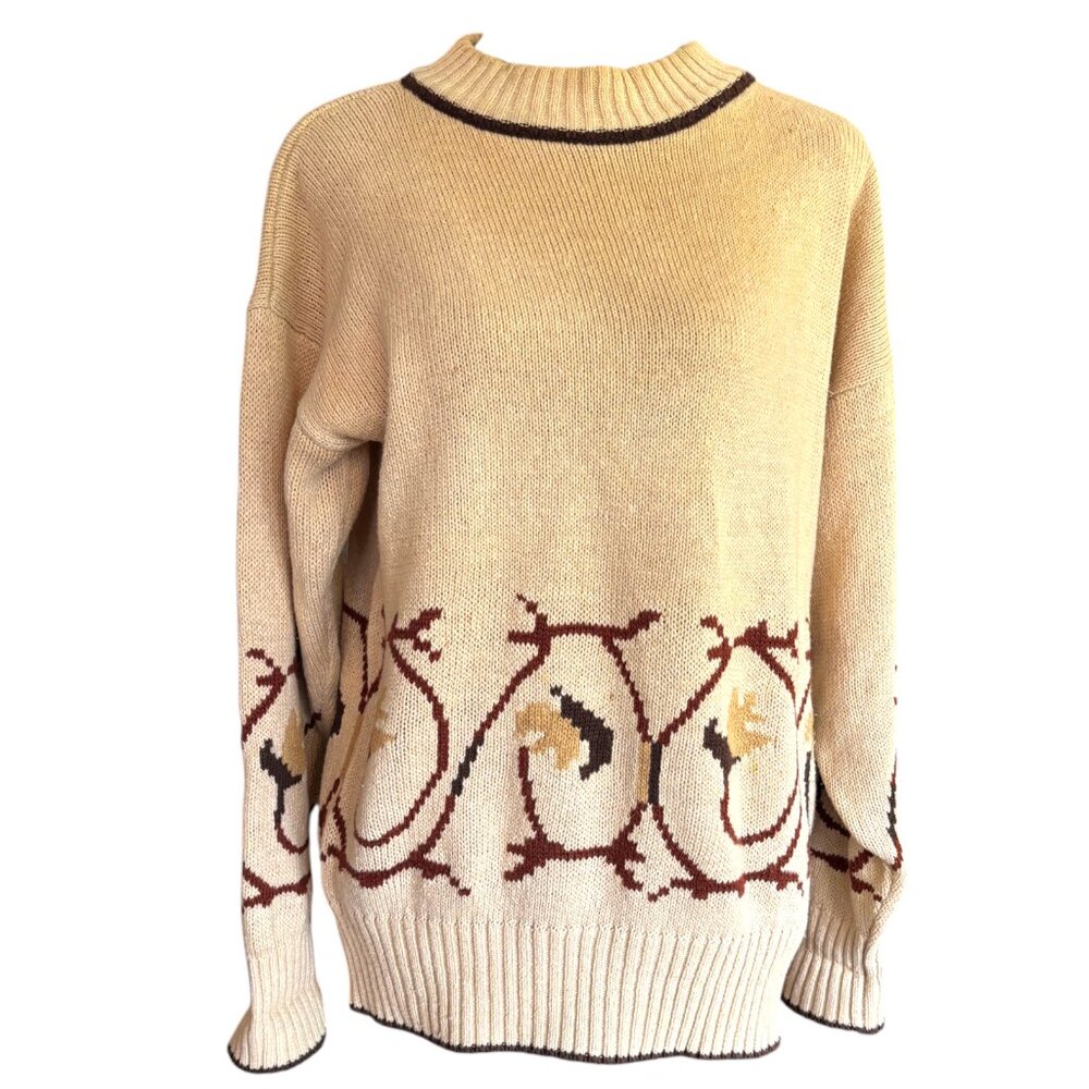 Liz Claiborne‎ Petites vtg 70s cream brown floral design mock neck sweater sz PS